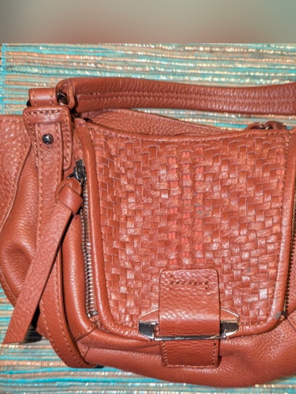 Kooba Jonnie Hobo Brown Woven-Accent Soft Leather Tote Bag W/Strap, New